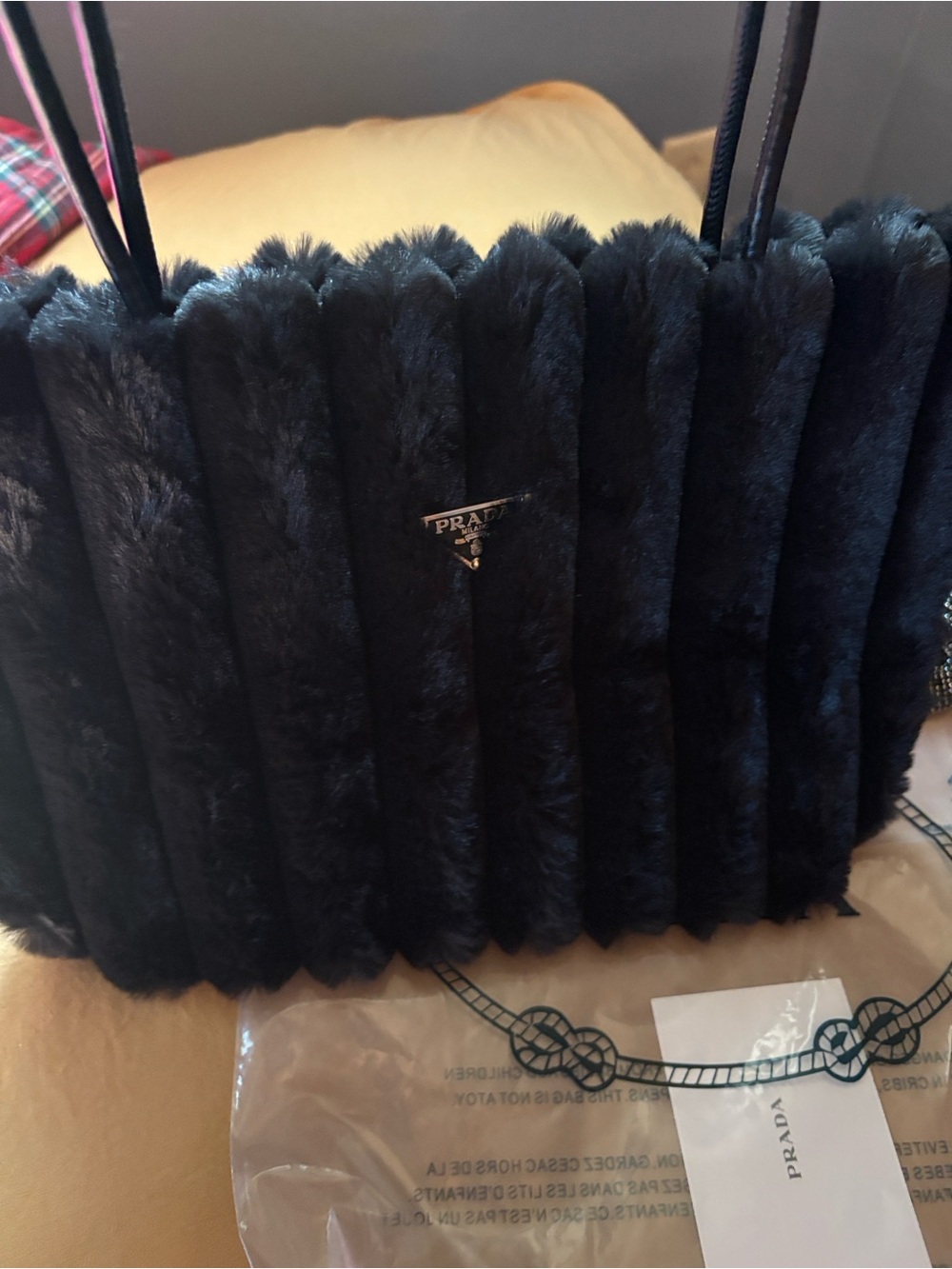 Prada Black Faux Fur Beauty Tote promotional tote w/ VIP scrunchie gift